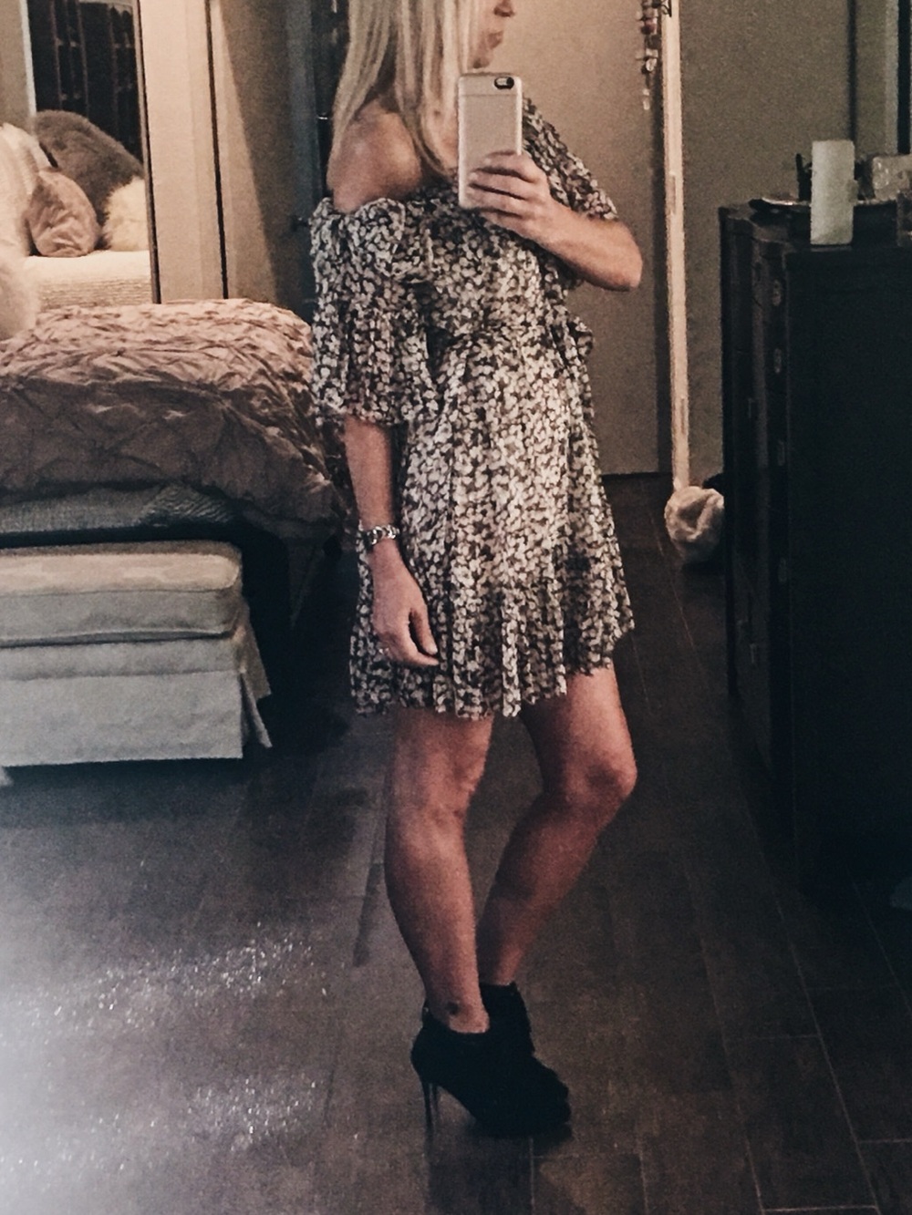 Zimmermann Black & White Off-Shoulder Floral Ruffle Mini Dress Size 1